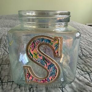 Clear Shimmery Glass Vase w/ Lilly Pulitzer Pink Tropical Letter S